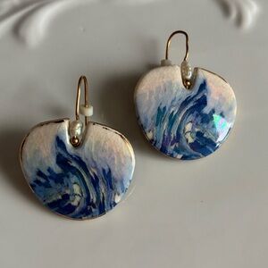 Unique Blue and White Iridescent Swirl Earrings With Freshwater Pearl Detail